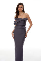 virginia Grey bow Bandage Bodycon strapless Maxi Dress