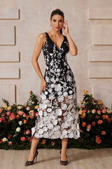 sarah V Neck Floral Embroidered Midi Dress in black