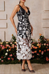 sarah V Neck Floral Embroidered Midi Dress in black