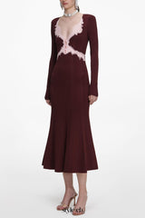 apphia Brown Contrast Lace Knit Midi Dress