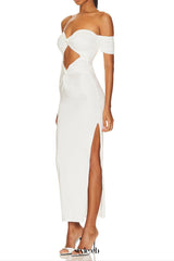 pleated off-shoulder cutout midi dress in white