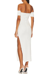 pleated off-shoulder cutout midi dress in white