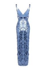 roberta Deep V-Neck Sequin Column Gown in blue