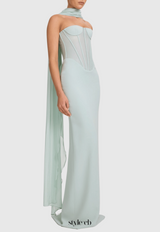 anna Strapless Mesh Scarf Corset Maxi Dress in green