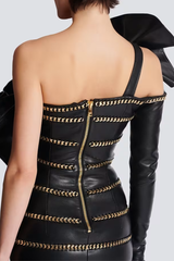 Rantan One Shoulder Asymmetric Leather Ruffle Mini Dress