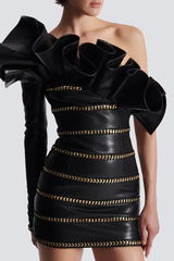 Rantan One Shoulder Asymmetric Leather Ruffle Mini Dress