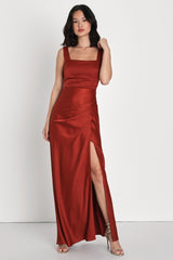 Red Carpet Romance Rust Orange Satin Square Neck Maxi Dress
