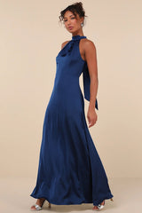 Regal Loveliness Blue Satin Pleated Mock Neck Maxi Dress