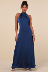 Regal Loveliness Blue Satin Pleated Mock Neck Maxi Dress