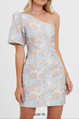 one-shoulder jacquard mini dress in blue-multi