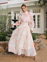 amanda High Neck Floral Organza Blouse maxi skirt set in pink