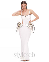 LILLIAN WAIST FLOWER RUFFLE EMBELLISHED CUT OUT MAXI DRESS