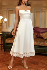 Satin lace panelled suspender midi dress in white