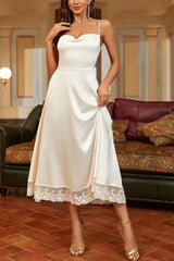 Satin lace panelled suspender midi dress in white