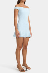 Textured ruffled off-shoulder mini dress in pale blue