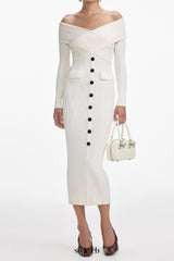 penny Off Shoulder Knit Midi Dress in Cream