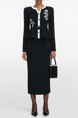 vicky Black Floral Textured Knit Midi Dress