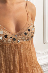 helen rhinestone beading pleated maxi dress - beige