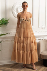 helen rhinestone beading pleated maxi dress - beige