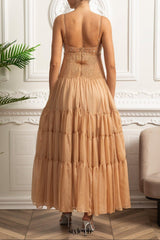 helen rhinestone beading pleated maxi dress - beige