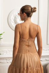 helen rhinestone beading pleated maxi dress - beige