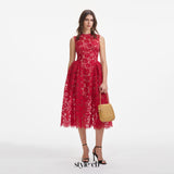 brenda Lace hollow Midi Dress in red