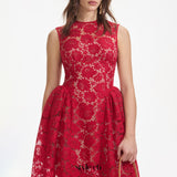 brenda Lace hollow Midi Dress in red
