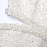 cut out cream boucle pearl mini dress