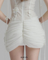 flower embellished puff hem slim mini dress in white