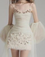 Sequined embellished organza mini dress in white