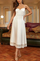 Satin lace panelled suspender midi dress in white