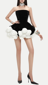 Sebast Flower Strapless Velvet Mini Dress In Black