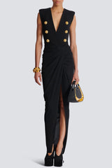 Deep-V Sleeveless Ruched Slit Maxi Dress in black