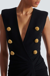 Deep-V Sleeveless Ruched Slit Maxi Dress in black