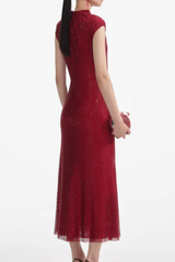 Sharrie Flower Rhinestone Embellished Fishnet Midi Dress