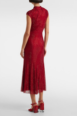 Sharrie Flower Rhinestone Embellished Fishnet Midi Dress