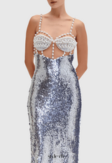 aurora Sequin Pearl Embeliished Midi Bandage Dress