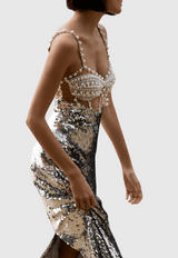 aurora Sequin Pearl Embeliished Midi Bandage Dress