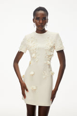 Ivory Round Neck Mini Dress with Floral Applique