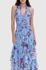 Floral Halter Ruffle Tulle Maxi Dress in Blue