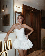 Balloon Draped strapless Mini Dress in white