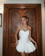 Balloon Draped strapless Mini Dress in white