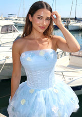 nicole Strapless Floral Corset Bubble mini Dress in Blue