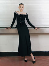 xaviera Black Chenille Knit Crystal Trim Midi Dress