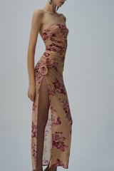 Taysia Floral Strapless Ruched Midi Dress
