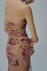 Taysia Floral Strapless Ruched Midi Dress