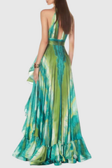 Halter Printed Cutout Ruffle Maxi Dress