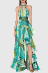 Halter Printed Cutout Ruffle Maxi Dress