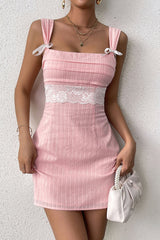 Tie Backless Lace Spliced Ruched Bust Mini Dress