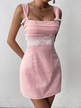 Tie Backless Lace Spliced Ruched Bust Mini Dress